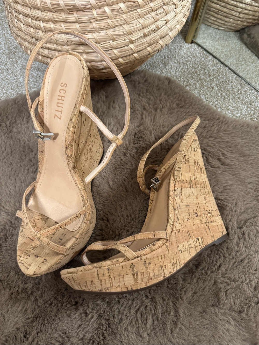 SCHUTZ Natural Cork Wedge Sandals with Strappy Ankle